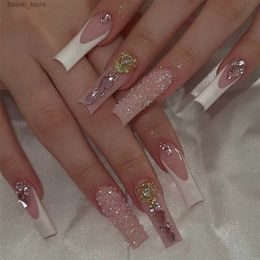 False Nails 24Pcs Artificial Nails Set with Glue Long Ballet False Nails with Rhinestone Wearable French Press on Nails Coffin Fake Nail Tip Y2404195ABD