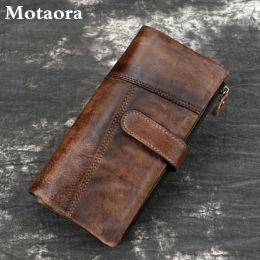 Wallets Motaora Vintage Cowhide Purse Oil Wax Skin Long Wallet For Male Genuine Leather Notecase For Ladies Multicard Splicing Wallet