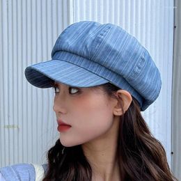 Berets Spring Autumn Women Beret Hat 2024 Fashion Vintage Stripe Octagonal Sboy Cap Ladies Artist Baseball