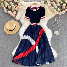 Kadın moda örgü kazak patchwork elbise kısa kol yaz gündelik tatil tatil midi sundress 240419
