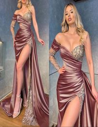 Custom Mermaid Prom Evening Dresses Train Bead Illusion One Shoulder Long Sleeves Prom Dres Side Split Satin5544744