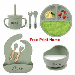 8Pcs Baby Silicone Feeding Set Round Dining Plate Sucker Bowl Dishes For Kids Personalised Name Childrens Tableware Straw Cup 240409