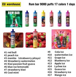 Original 100% Rum Bar 9000 Puffs Shipping from European warehouses Disposable E Cigarettes Vape Pen Airflow puff 9k 2% 5% Rechargeable Battery 14ml 17Colors
