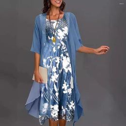 Casual Dresses 2024 Plus Size Women's Dress Two Piece Set Solid Chiffon Lace Sleeve Office Printing Long D133