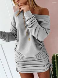 Casual Dresses Sexy Off Shoulder Drawstring Mini Dress Women Robe Autumn Winter Long Sleeve Solid Ruched Sweatshirt Streetwear Female