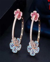 CWWZircons Designer Elegant Micro Pave Blue Red CZ Light Gold Colour Big Round Flower Hoop Earrings for Women Jewellery Gift CZ810 213186653