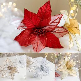 Decorative Flowers Glitter Artificial Christmas Tree Decorations Home Champagne Gold Mesh Flower Year Ornaments Fake