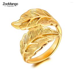 Cluster Rings ZooMango Fashion Stainless Steel Handmade Cast Double Leaf Ring For Women Personalised Waterproof Jewellery ZR23059