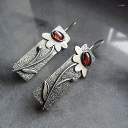 Dangle Earrings Long Ethnic Leaf Flower Red Stone Silver Color Carved Plant Blossom Water Drop Metal For Women Gift