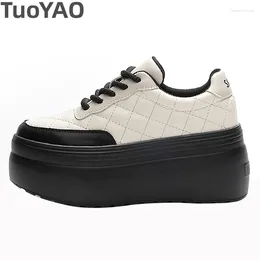 Casual Shoes 8cm Cow Genuine Leather Chunky Sneakers Fashion Women Vulcanize Wedge Platform Comfy Pumps Mixed Color
