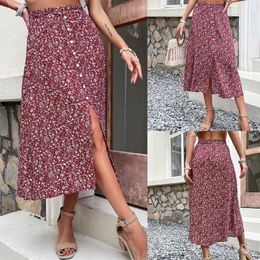 Skirts Women Floral Printed Red Midi Skirt Bohemian Boho Buttons Up High Waist Split Straight Faldas Summer Elastic Casual