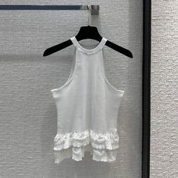 Women's Tanks 2024 Summer Fashion White Knitted Hollow Out Tank Tops Women O-neck Sleeveless Slim Cute Top With Lace Ruffles