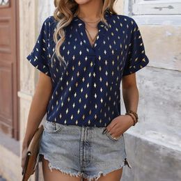 Women's Blouses Women Casual Shirt Rhombus Pattern Stamping Design Lady T-shirt Loose Fit V-Neck Short Sleeve Tunic Blouse For Summer