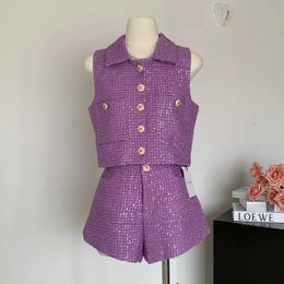 High Quality French Fashion Luxury Tweed 2 Piece Pant Sets For Women Vest Tops Shorts Sets Korean Lady Two Piece Pant Suits 240415
