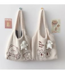 Buckets Lamb Like Women Canvas Shoulder Bag Warm Plush Cloth Fabric Cute Bear Handbag Soft Tote Large Capacity Shopping Bags For Ladies