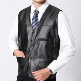 Men's Vests Men Fall Winter Vest Faux Leather Thick Plush Coat Sleeveless Single-breasted Warm Windproof Mid-aged Father Waistcoat