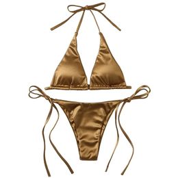 Sexy Womens Metallic Halter Top Two Piece Swimsuit Tie Side Triangle Bikini Summer Solid Bathing Suit Beachwear Set 240412
