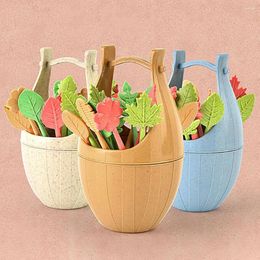 Forks 16pcs Fruit Sticks Leaf Shaped Wheat Straw Salad Fork Snack Cake Dessert Pick Toothpick Bento Lunch Party Decoration