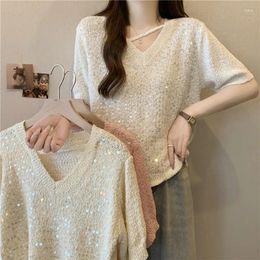 Women's T Shirts Sequin Short Sleeved Knit Top Summer Cropped Sweaters Plus Size Tops Korean Style Clothes Thin