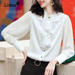 Women's Blouses Women Clothing Korean Fashion Ruffles Elegant Button Shirts Office Lady Casual Chic Chiffon Black White Long Sleeve Tops