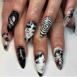 False Nails 24pcs Black Spider Fake Nails y2k Punk Style Girls Painted False Nails Full Cover Wearable Japanese Almond Press On Nails Tips Y240419 Y240419