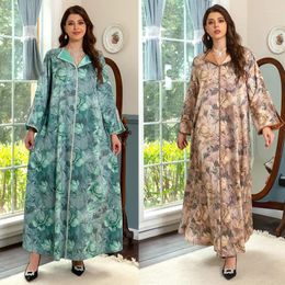 Ethnic Clothing Middle East Muslim Women's Dress Fashionable Floral Print Satin Color Matching Diamond Robe