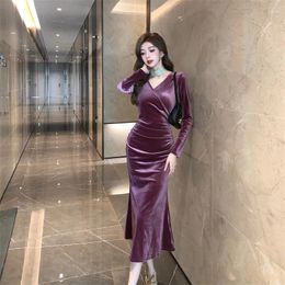 Casual Dresses Women's Light Luxury Velvet Print Slimming Long Sleeves Fashionable Fishtail Dress