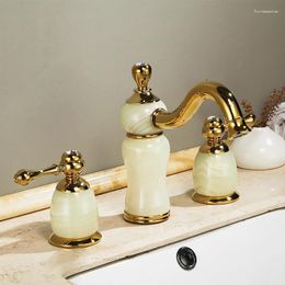 Bathroom Sink Faucets Luxury Gold Brass Natural Jade Faucet Golden Art Basin Mixer Taps Three Holes Lavatory Finish--SM522