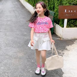 Clothing Sets 2024 Korean Summer Children Girl Set Teenager Leopard Letter Short Sleeve Tops Pleated Skirt Students Clothes