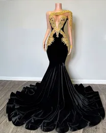 Sexy Black Prom Dress 2024 Gold Appliqued One Shoulder Mermaid Party Gowns Velvet Evening Dress vestidos de graduacion