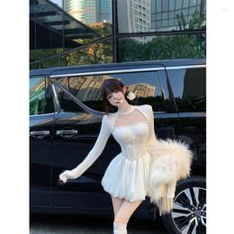 Casual Dresses Sweet Girl Hollow Out Dress For Women's Autumn And Winter Round Neck Bow Knitted Fluffy Princess Ball Gown Female Clothes