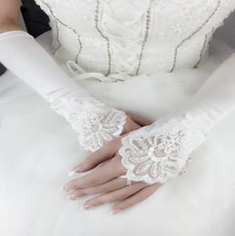 2019 Fall Cheap Fingerless Pearls White Ivory Bridal Gloves Lace Satin Bridal Accessories for Wedding Dresses5208214