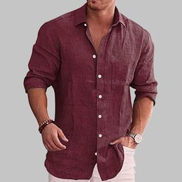 Spring Blouse Mens Loose Elegant Fashion Solid Colour Long Sleeve Button Lapel Shirt Buckle Casual Comfortable Top 240418