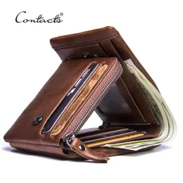 Wallets CONTACT'S Genuine Crazy Horse Leather Men Wallets Vintage Trifold Wallet Zip Coin Pocket Purse Cowhide Leather Wallet For Mens