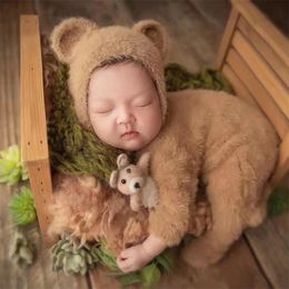 Furry Baby Bear Rompers Footed Jumpsuit Hat 2pcs Sets Mink Hair Infant Boy Girl Pography Clothing Costumes Po Props 240409