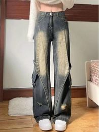 Women's Pants Summer Women Vintage Pockets Baggy Cargo Jeans Y2K Streetwear Harajuku High Waist Wide Leg Denim Trousers Alt Clothes Blue