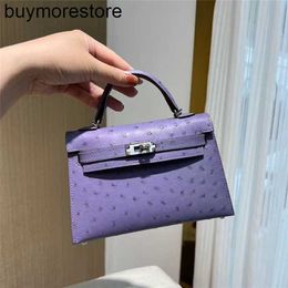 Women Handbag 7a Handmade Ostrich Skin Mini Second Generation 19CM Small Single Shoulder Crossbody Lavender Purple Handsewn