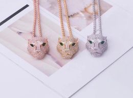 Fashion Lady Women Brass 18K Gold Thick Long Necklaces With Full Diamond Green Eyes Zircon Leopard Head Pendant2542289