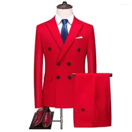 Men's Suits High End Red Double Breasted Flat Groom Men 2024 Wedding Elegant 2 Piece Jacket Pants Slim Fit Full Set Party Outfits