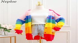 Neploe Rainbow Stripe Sweater Cardigan Korean Causal Women Clothes Vneck Knitted Jacket Single Breasted Sweater Coat 373749032826