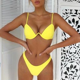 Women's Swimwear 2 Pcs Women Bathing Suit Solid Colour Adjustable Spaghetti Strap Underwire Bra Thong