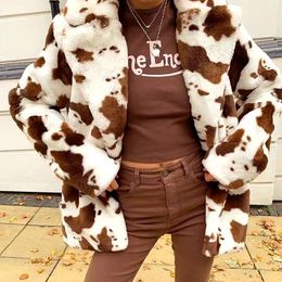 Women's Jackets Thicken Cow Print Jacket Coats Autumn Winter Warm Plus Fleece Women Clothing Chic Streetwear Lapels Long Sleeve Outwear Tops