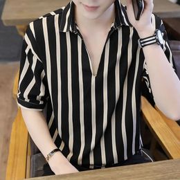 Mens Summer Striped Polo Neck Loose Smart Casual Blouse Short Sleeve Print Plus Size Shirt Tops Trend Fashion Men Clothing 240419