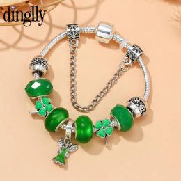 Charm Bracelets DINGLLY Green Flower Beaded Crystal For Women Fashion DIY Butterfly Pendant Bangle Gifts