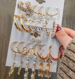 Hoop Huggie Ladies Fashion Pearl Earrings Set Geometric Golden Trendy JewelryHoop1595032