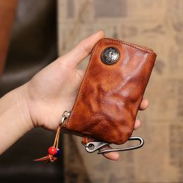 Purses First Layer Leather Key Wallet for Men Short Vintage Handmade Car Key Holder Coin Purese Card Case Bag Organiser Housekeeper