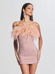Casual Dresses BEVENCCEL 2024 Summer Women's Sexy Strapless Backless Sequins Feather Tight Mini Dress Elegant Celebrity Party