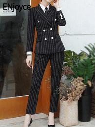 Women's Two Piece Pants ENjoyce Women Business 2 Pieces Set Striped Blazer And Suits Long Sleeve Double Breasted Jacket Korean Fashion