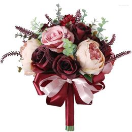 Decorative Flowers Burgundy Dusty Pink Rose Bouquet - Champagne Blush Blooming Peony With Eucalyptus Real Perfect Bridal Wedding