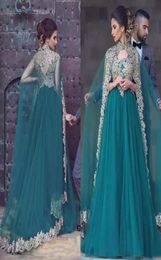 Gorgeous 2018 Teal Tulle Arabic Dresses Evening Wear With Pretty Lace Appliques High Collar Wraps Formal Gowns Custom Made EN100786706562